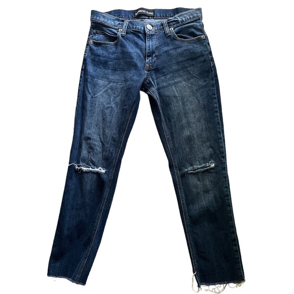 EXPRESS Girlfriend Dark Wash Jeans with Light Distressing - Picture 2 of 6